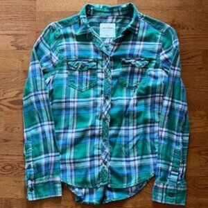 abercrombie kids flannel Shirt Top Plaid green blue white Long Sleeve girls XL